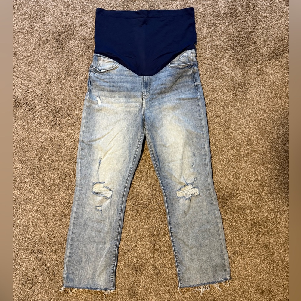 Pinkblush Light Wash Distressed Maternity Jeans with Navy Panel
